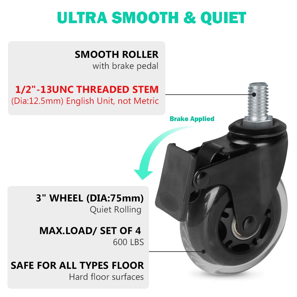 3 Swivel Caster No Noise Industrial Castors with Thread Stem 1/2-13 Locking Casters for Furniture DIY Tools with Hex Lock Nuts(2 with Brakes &amp; 2 without)