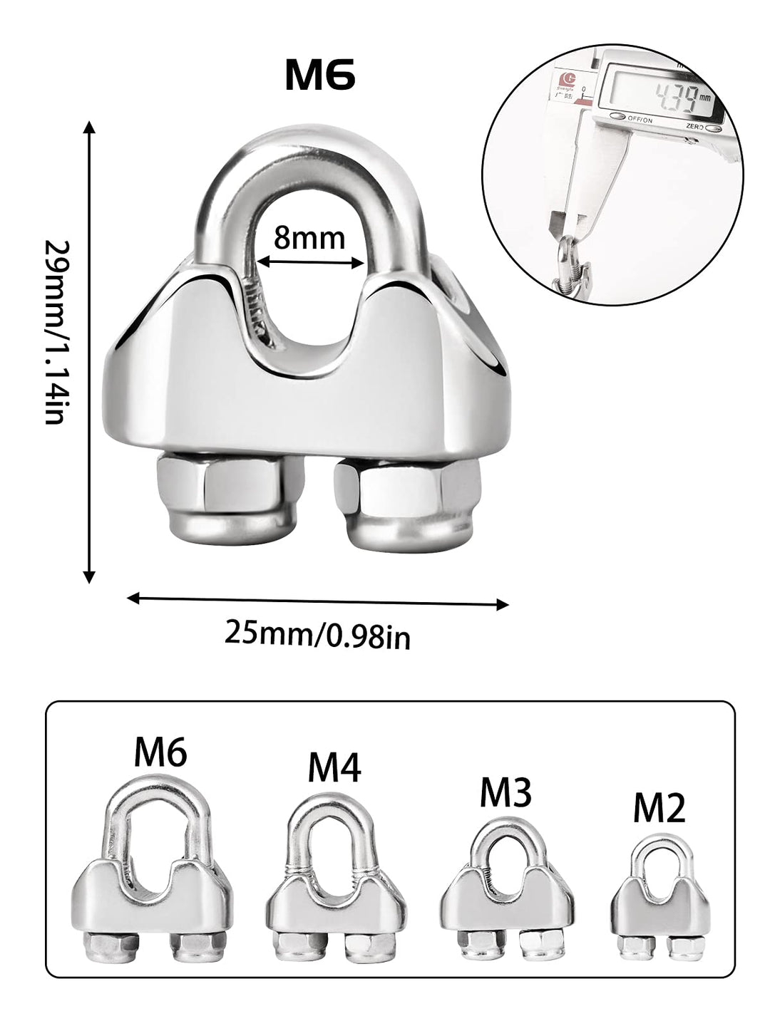 Wire Rope Clip M6 Cable Clamps with Locknut, Stainless Steel U Bolt Saddle Clamp Fasteners with Lock Nuts for Ø 6mm 1/4 Rigging Rope and Tension Cable Garden Wire Ropes 24pcs