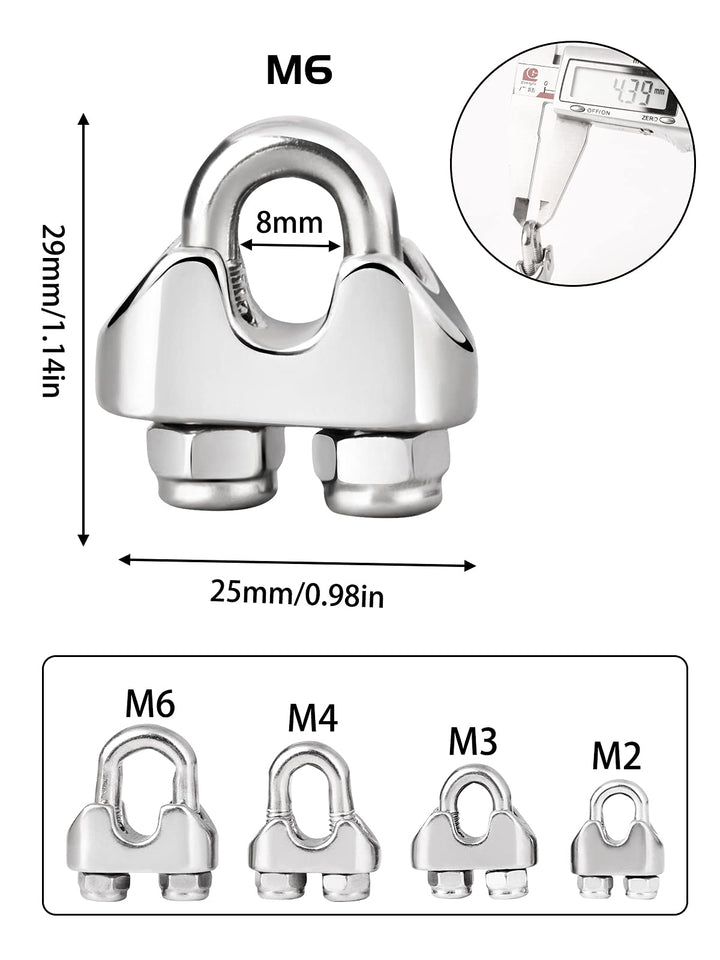 Wire Rope Clip M6 Cable Clamps with Locknut, Stainless Steel U Bolt Saddle Clamp Fasteners with Lock Nuts for Ø 6mm 1/4 Rigging Rope and Tension Cable Garden Wire Ropes 24pcs