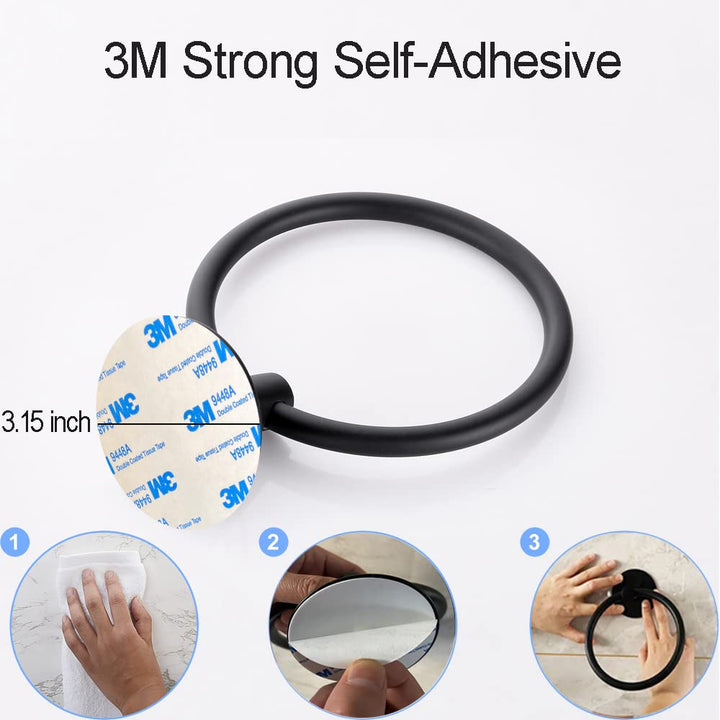 No Drilling Self Adhesive Towel Holder, Stainless Steel Towel Ring, Bathroom and Kitchen Towel Rack (Black)