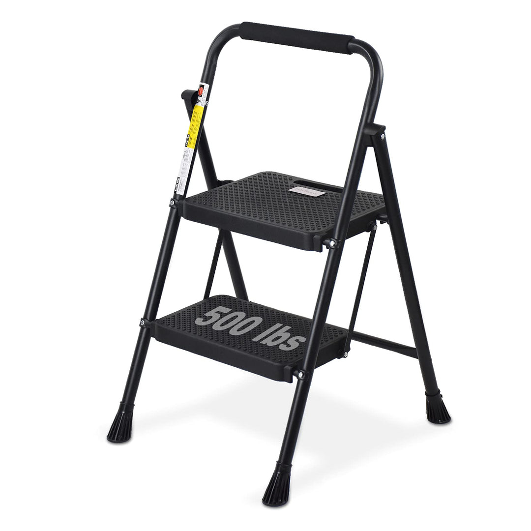2 Step Ladder, 500 lbs Folding Step Stool with Anti-Slip Wide Pedals, Sturdy Steel Ladder, Convenient Handgrip, Lightweight Portable Step Stool Black