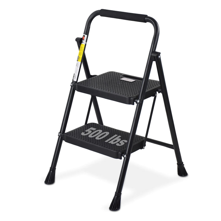2 Step Ladder, 500 lbs Folding Step Stool with Anti-Slip Wide Pedals, Sturdy Steel Ladder, Convenient Handgrip, Lightweight Portable Step Stool Black
