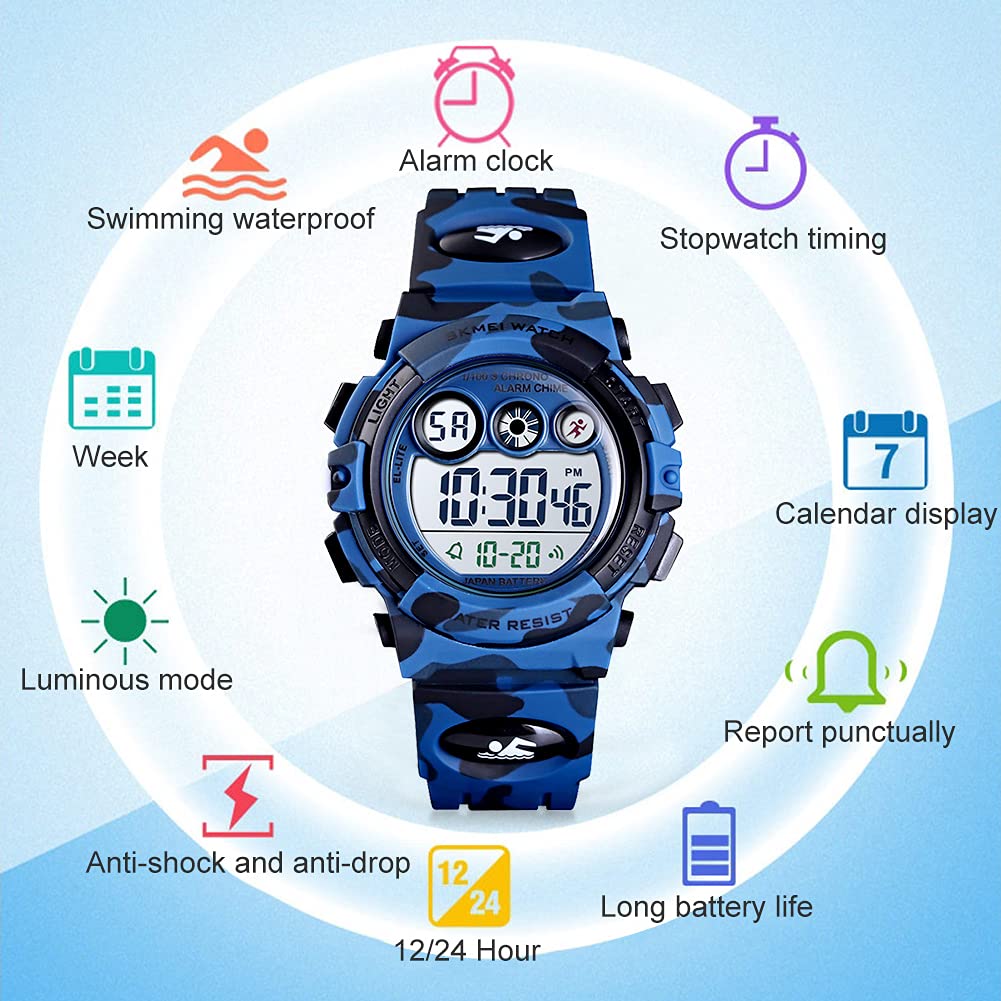 Watches for Kids Digital Sport Waterproof Boys Watch Outdoor 12/24 H Alarm EL Backlight Stopwatch Military Child Wristwatch Ages 3-15 (Camouflage Dark Blue)