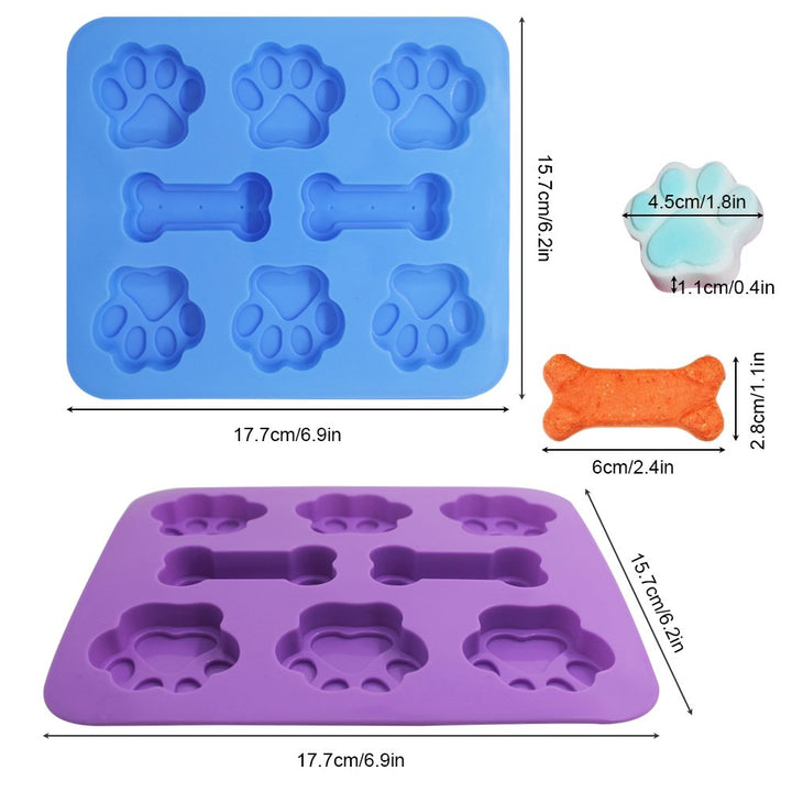 3 Pcs Silicone Molds Puppy Dog Paw &amp; Bone Shaped 2 in 1, 8-Cavity, Reusable Ice Candy Trays Chocolate Cookies Baking Pans, Oven Microwave Freezer Dishwasher Safe-Pink, Blue, Purple