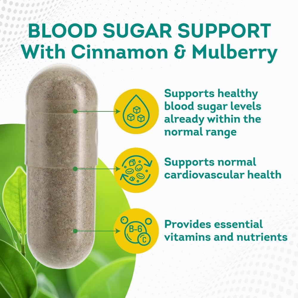 Normal Blood Sugar Support Cinnamon Supplements to Support Blood Sugar Levels Already in The Normal Range-Capsules w/Bitter Melon, Mulberry, Zinc, Biotin, Vitamin C, E-60 Count