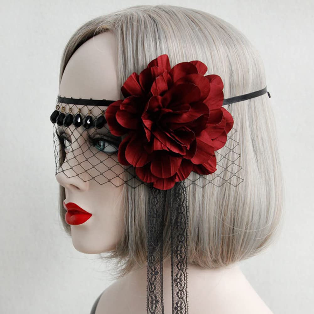 Masquerade Mesh Veil Headband with Burgundy Flower Black Lace Gothic Forehead Headdress Half Face Eye Veil for Women Prom Ball Costume Party