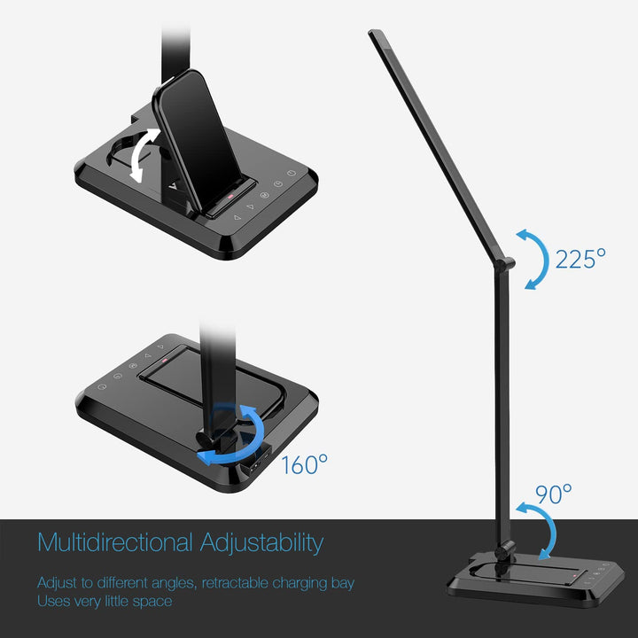 LED Desk Office Lamp with Wireless Charger &amp; USB Charging Port, Touch Control, 5 Lighting Modes, 30/60 Min Auto Timer, Eye-Caring, Dimmer, Black