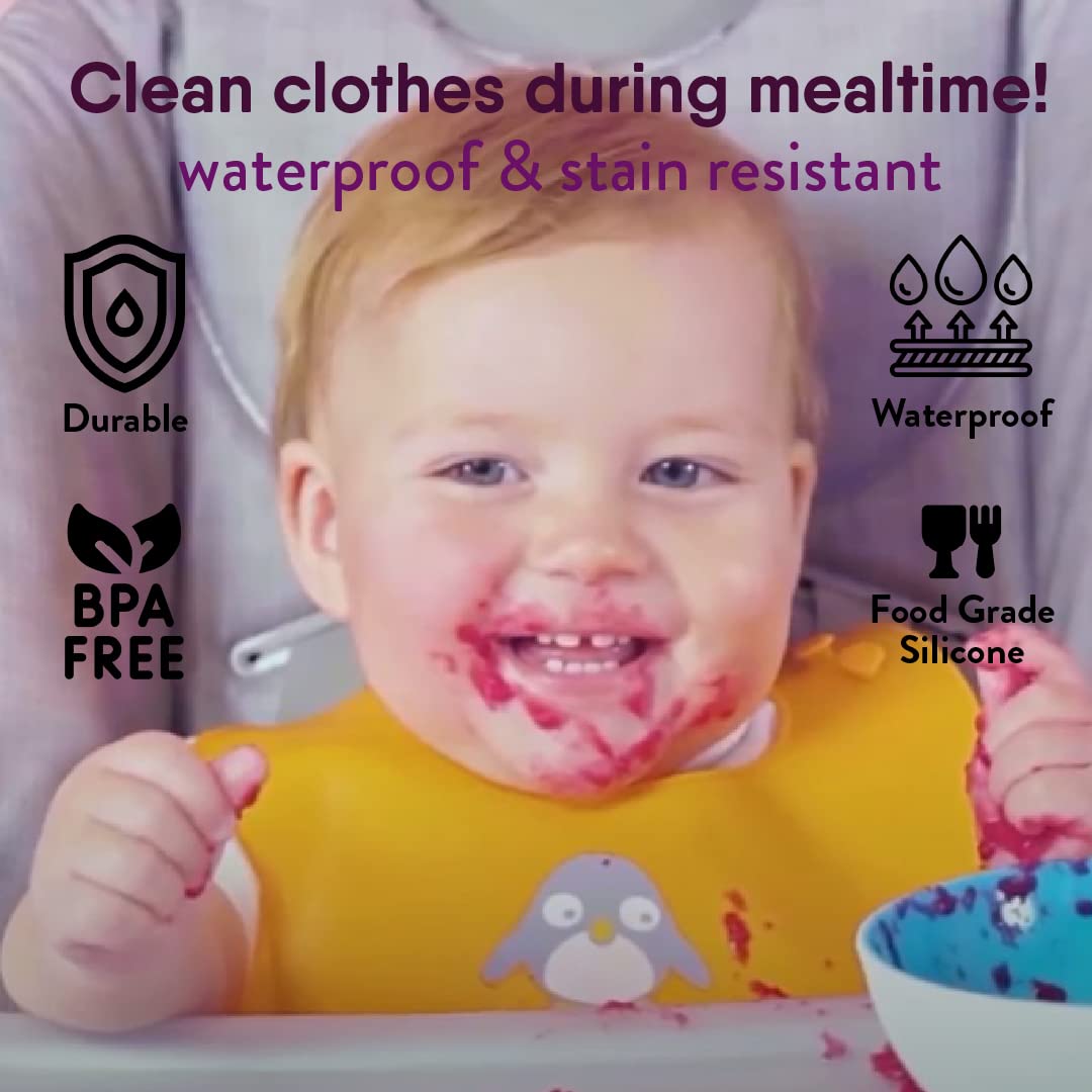 Waterproof Baby Bibs, Silicone Weaning Bibs for Babies &amp; Toddlers, Set of 2 w/Carry Pouch | Comfortable Soft 4 buttons Bib