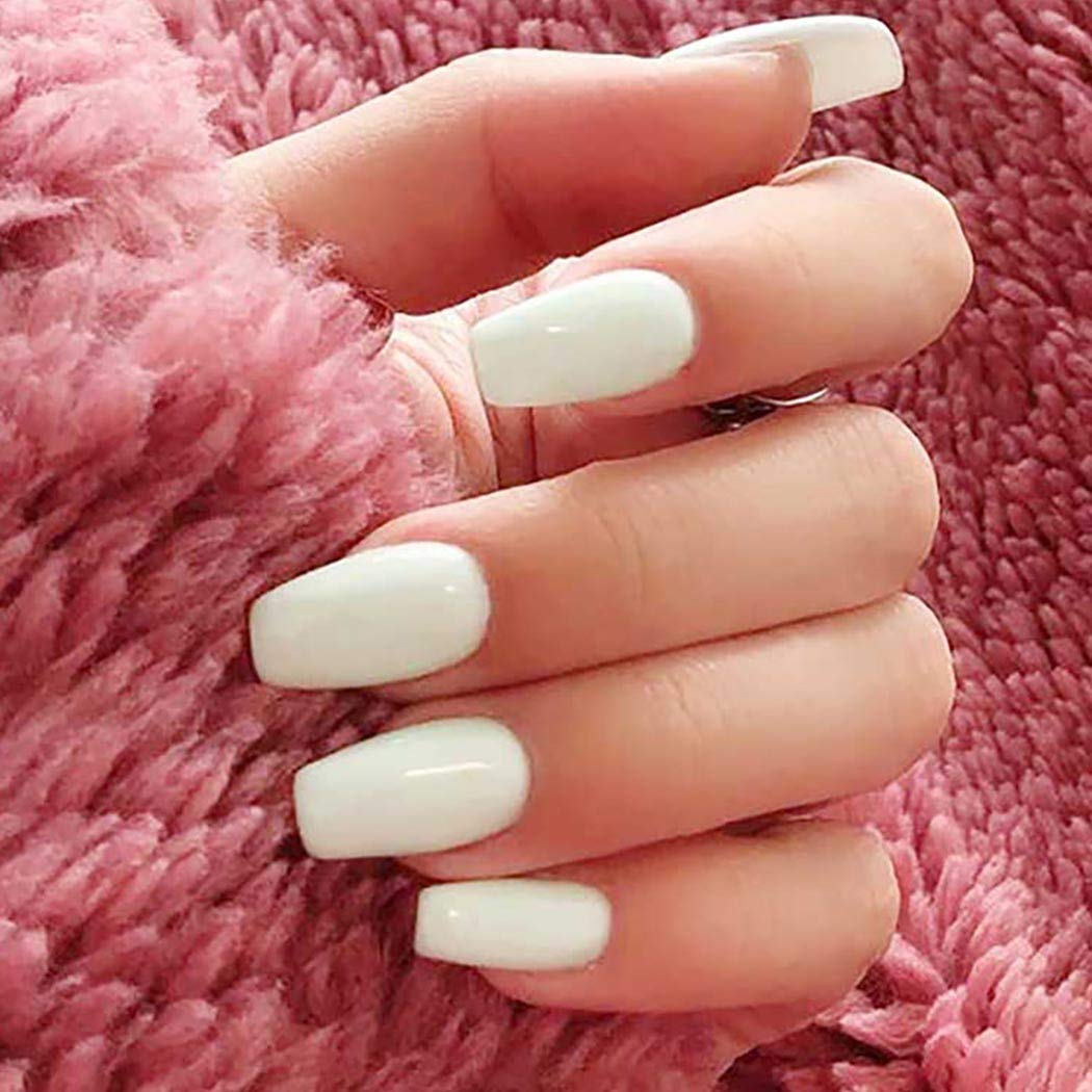 Awanka Coffin White Press on Nails Medium Length Fake Nails Ballerina Glossy False Nail Art Tips Artificial Stick on Nails Full Cover Instant Nails Acrylic Nails Manicure for Women and Girlsï¼Ë†24P