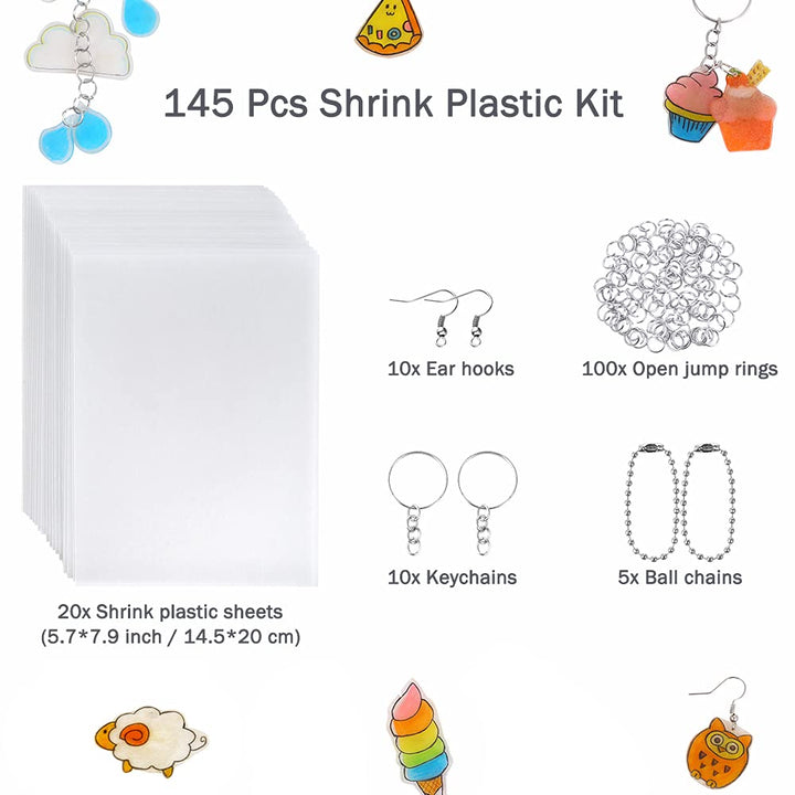 145 Pieces Shrink Plastic Sheet Kit Include 20 PCS Shrinky Paper with 125 PCS Keychains Accessories for Kids Creative Craft