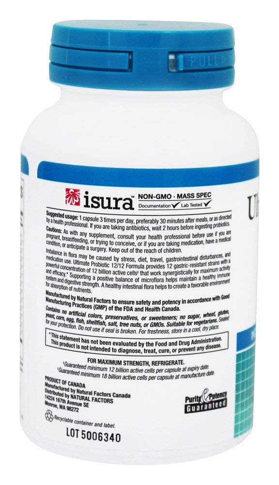 Natural Factors Ultimate Probiotic 12/12 Formula, Daily Probiotic for Ongoing Digestive Support, 12 Strains, 12 Billion CFU, 60 Vegetarian Capsules