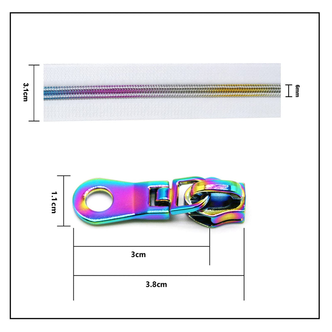 B.Y Elements #5 Zippers by The Yard, Nylon Coil Long Zipper, Rainbow Zipper Tape 5 Yards with 10PCS Donut Rainbow Zipper Pulls for DIY Sewing Tailor Craft Bags(White Rainbow)