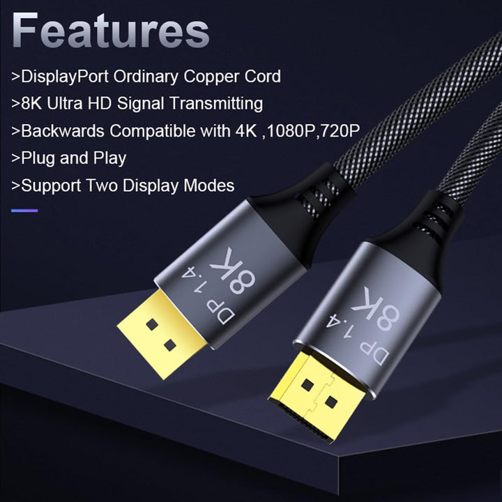 CableDeconn 5M 16FT DisplayPort 1.4 Cable 8K@60Hz 4K@144Hz High Speed 32.4Gbps HDCP 3D Slim and Flexible DP to DP Cable
