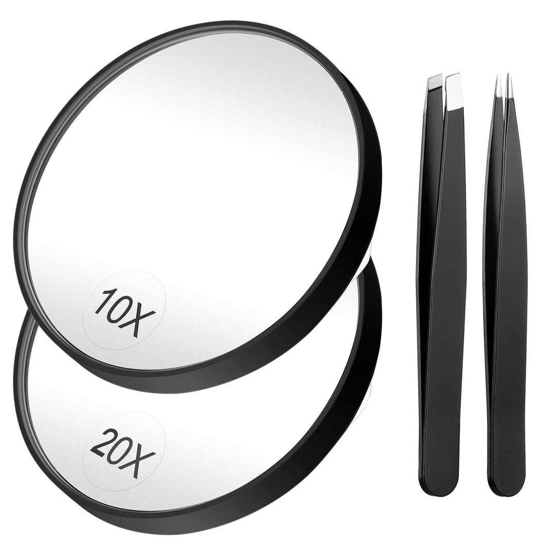 Magnifying Mirror, 3.5 Inch 20X Mirror &amp; 10X Magnifier Mirrors with 2 Suction Cups, Small Travel Magnifying Mirror and Tweezers Kit for Eyebrow Tweezing, Blackhead Blemish Removal (Black)