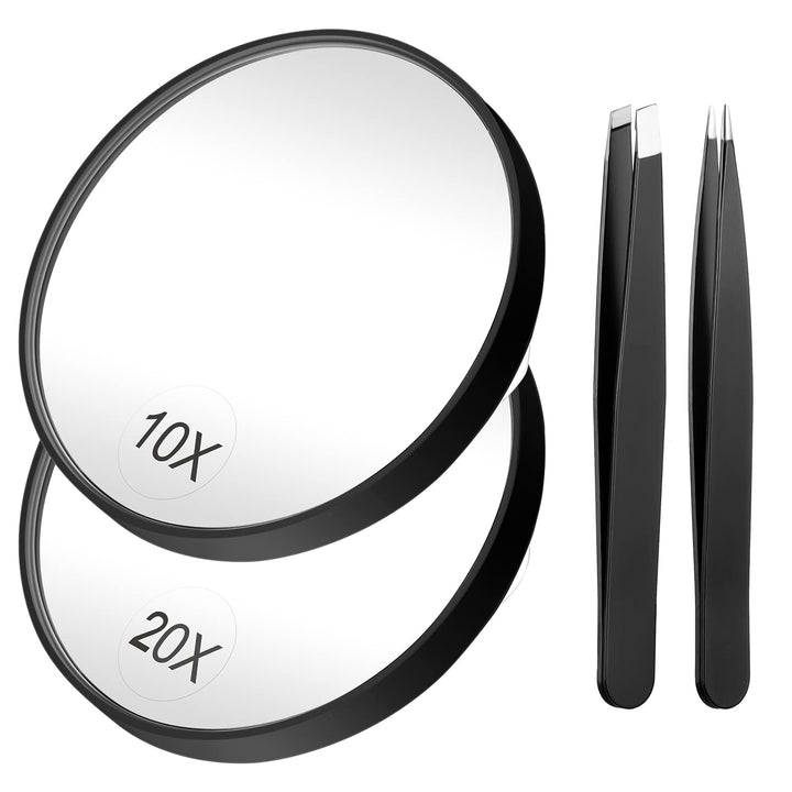 Magnifying Mirror, 3.5 Inch 20X Mirror &amp; 10X Magnifier Mirrors with 2 Suction Cups, Small Travel Magnifying Mirror and Tweezers Kit for Eyebrow Tweezing, Blackhead Blemish Removal (Black)