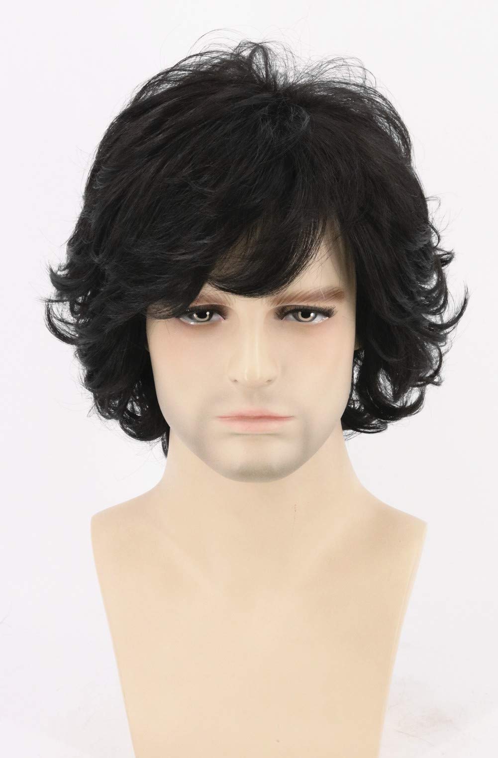 Men&#39;s Wigs Black Short Wavy Shaggy Style Layered Cosplay Halloween Costumes Male 70s Disco Hippie Wig