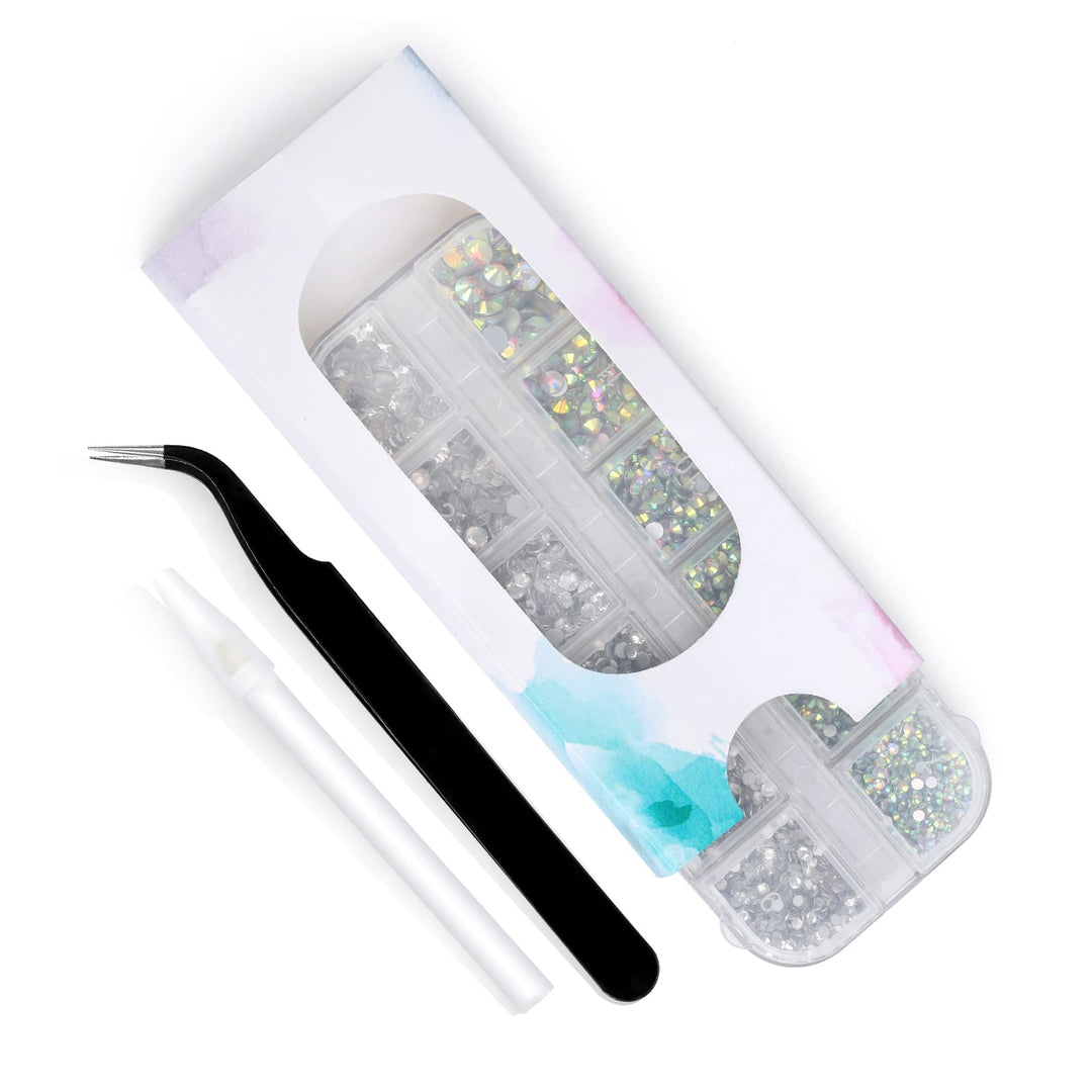 3792 Pcs Glass Crystals Rhinestone for Nail Art Crafts,6 Size(2mm-4.6mm) Nail Gems Flatback Rhinestone,Jewels Diamonds Stone Kit with Picking Pen and Tweezers(White+White AB)