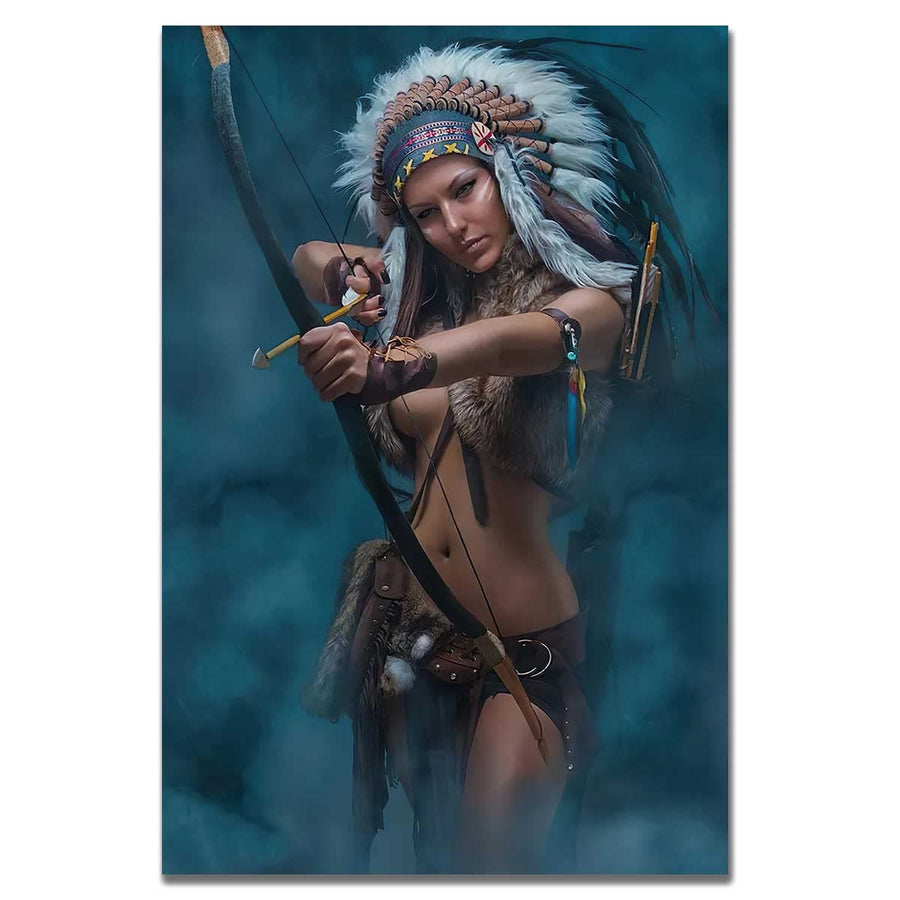 Native American Canvas Wall Art - American Indian Girl Women Headdress Feathered Art Canvas Prints for Wall Decor, Living Room Bedroom Kitchen Decoration (16x24in(40x60cm)-Unframed)