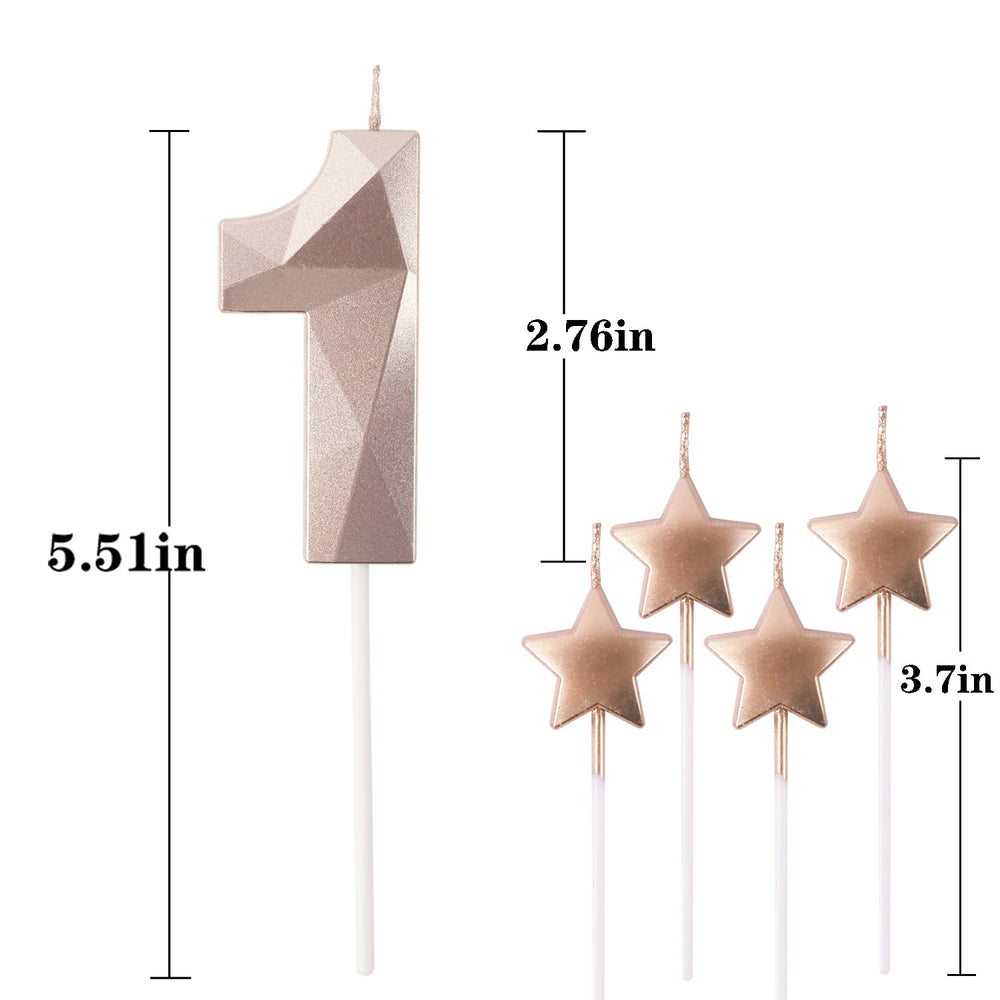 Rose Gold Number 1 Birthday Candles and Star Birthday Candles 2.76 inch Birthday Cake Candles 3D Diamond Shaped Candles are Suitable for Birthday Parties and Anniversary Cake Decorations Candles