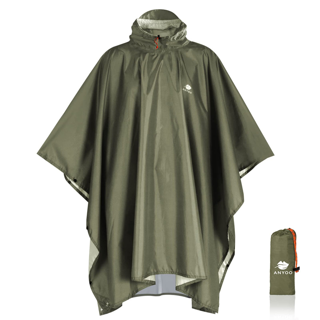 Waterproof Rain Poncho Lightweight Reusable Hiking Hooded Coat Jacket for Outdoor Activities(Army Green) One Size
