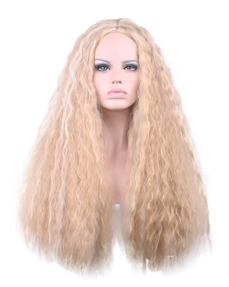 28 Women Long Curly Fluffy Blonde Full Wigs Highlights Synthetic Hair Party Wig (Golden+Blonde)