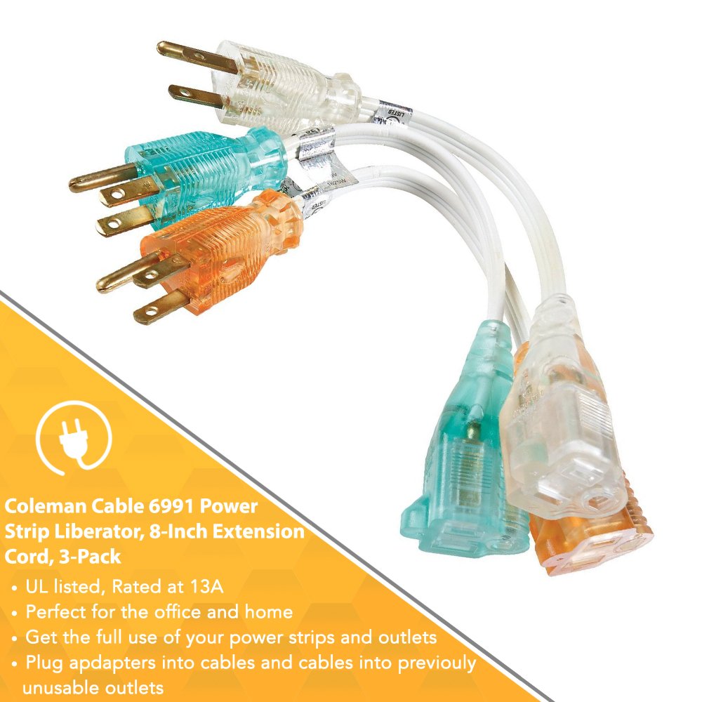 6991 Power Strip Liberator, 8-Inch Extension Cord, 3-Pack