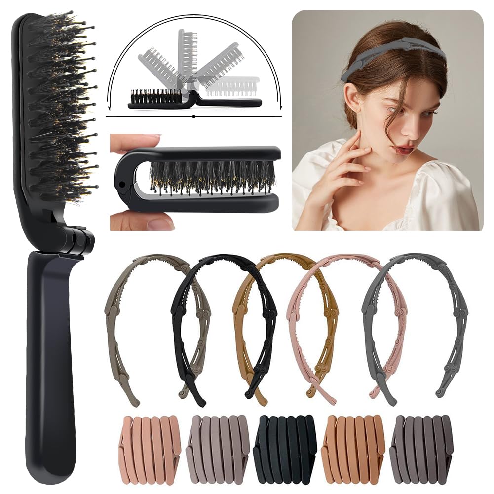 Travel Hair Brushes Folding Hair Brush with Boar Bristle Portable Pocket Size Brushes