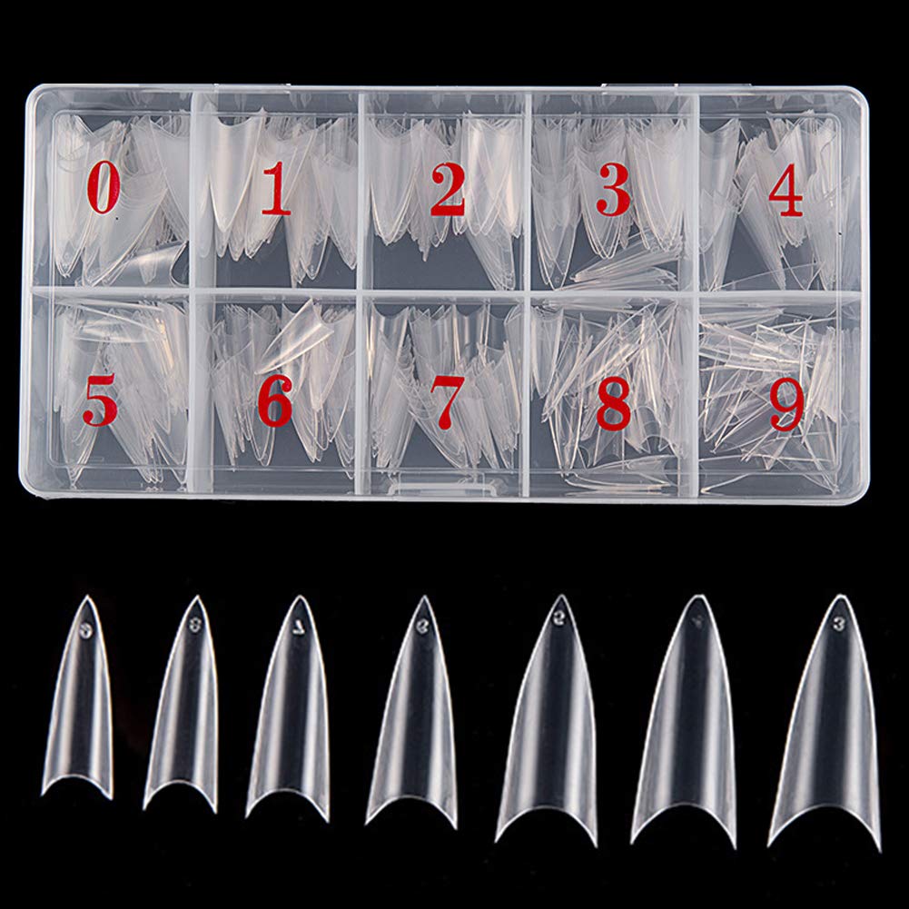 Stiletto Nail Tips 500Pcs Short Sharp Ending False Acrylic Nails Tip Half Cover 10 Sizes with Box for Nail Salons Home DIY (Clear)