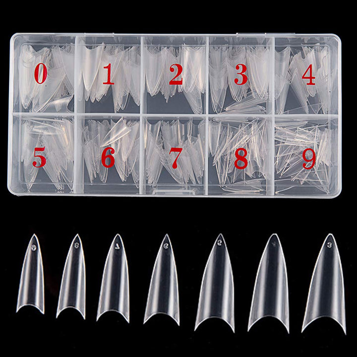 Stiletto Nail Tips 500Pcs Short Sharp Ending False Acrylic Nails Tip Half Cover 10 Sizes with Box for Nail Salons Home DIY (Clear)