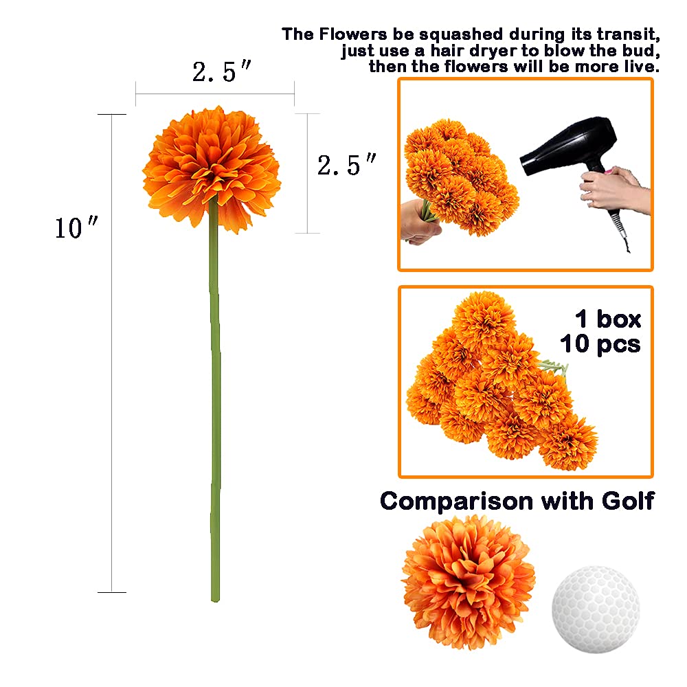 10Pcs Artificial Fake Flower Plants Silk Chrysanthemum Ball Hydrangea Arrangements Wedding Bouquets Decor Home Kitchen Garden Party Table Floral centerpieces DIY (Orange)