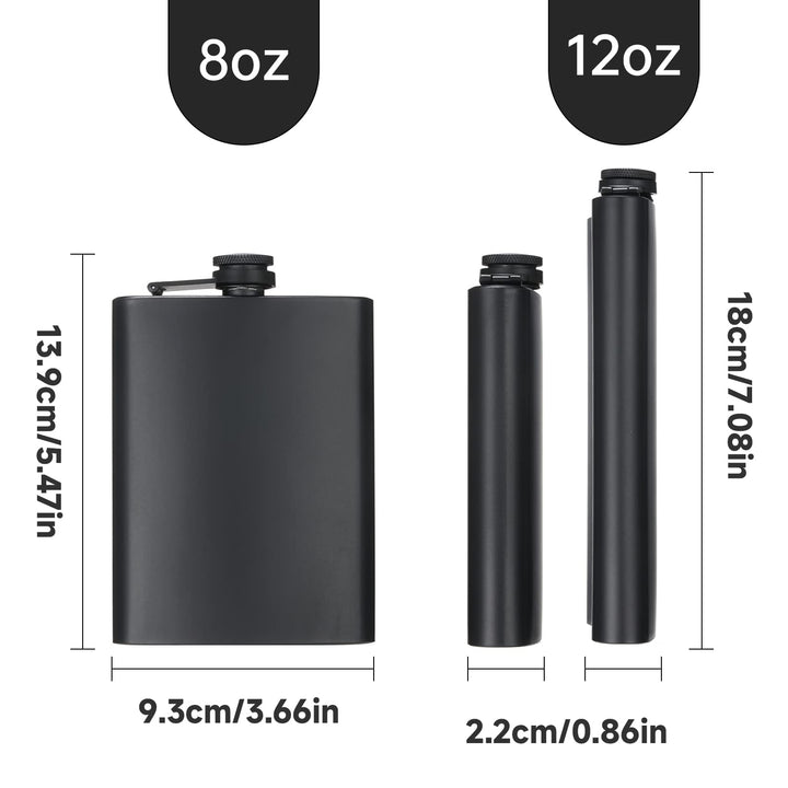 2 Pack Hip Flasks for Liquor, 8 Oz &amp; 12 Oz Stainless Steel Leakproof Thin Flasks with Funnel for Men &amp; Women (Matte Black)