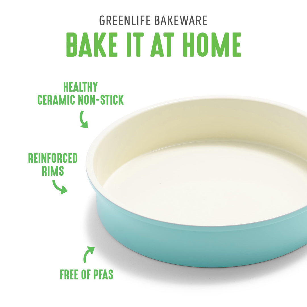 Bakeware 9 Round Cake Baking Pan, Healthy Ceramic Nonstick, PFAS &amp; PFOA-Free, Birthday Cakes Tarts &amp; More, Oven Safe to 450F, Easy Cleanup, Turquoise