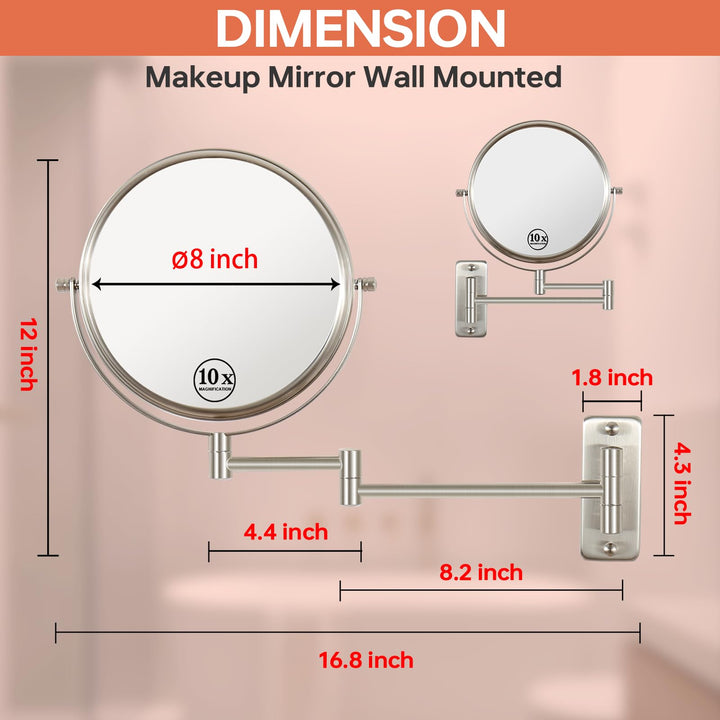8 Wall Mounted Makeup Mirror 1X/ 10x Magnifying Mirror Double Sided Vanity Makeup Mirror for Bathroom Nickel Brush Finish