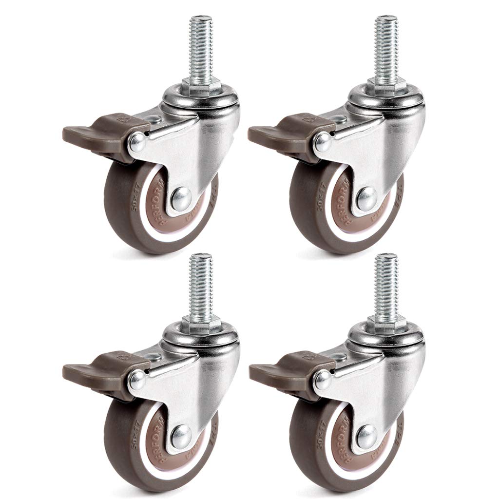 4 Pcs 1&#39;&#39; Swivel Threaded Stem Casters, TPE Mute Crib Caster, M6×15 Stem Caster Wheels with Brake, Replacement for Baby Bed, Cabinet, Table, Shelf, Total Load Capacity 99Lbs