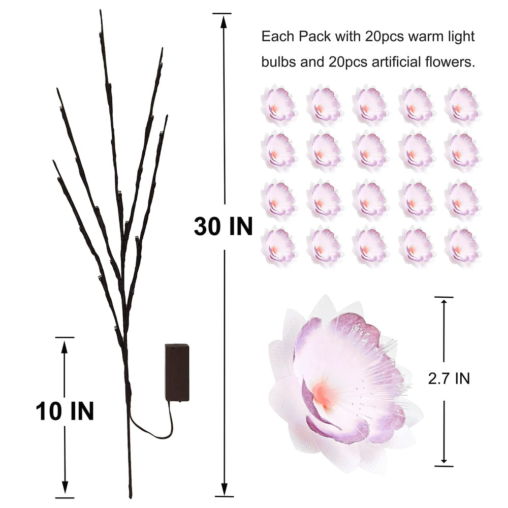LED Flower Fairy Lights Lighted Twig Branch Vase Decorative Artificial Flower Battery Powered 30 inches Tall for Home Christmas Party Decor Outdoor Indoor (Purple)