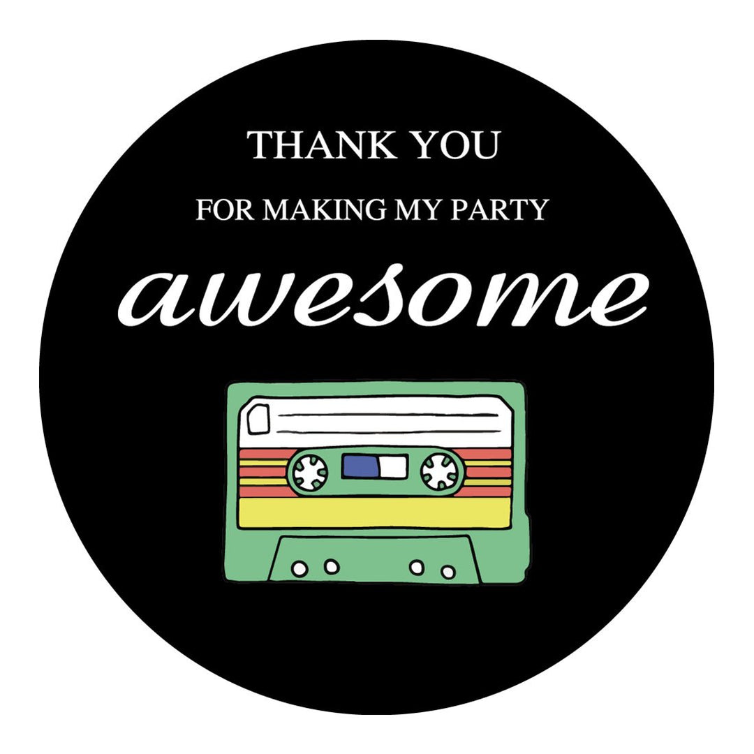 80s Retro Thank You Stickers, Totally 1980s Party Sticker Labels for Favors, Boxes, Party Supply, 2 inch Round, 40-Pack