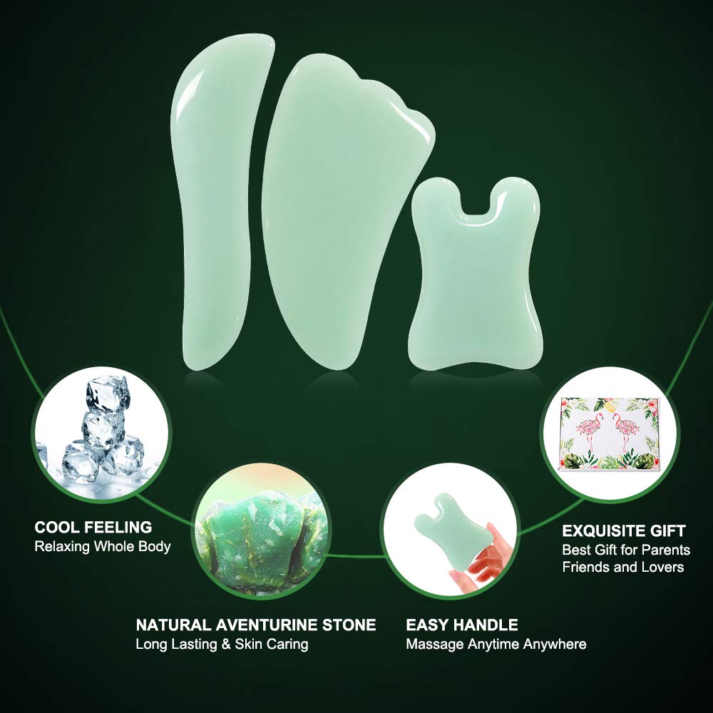 Guasha Massage Tool,Natural Jade Gua Sha Board, 4PCS Gu