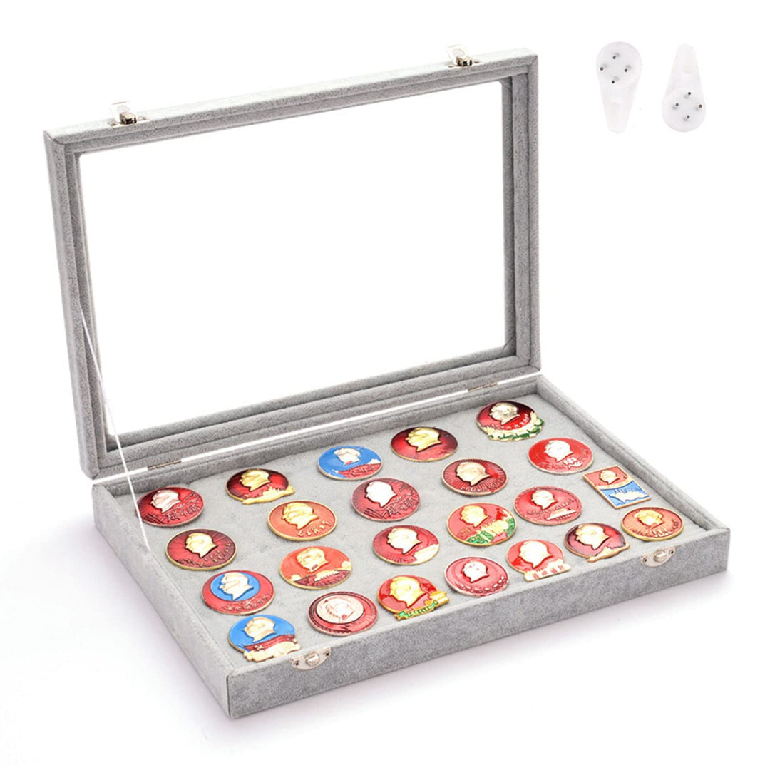 11x8 Inch Dustproof Pin Display Case Shadow Box Frame with Hooks for Military Medal Jewelry Pin Badge Collection, Gray Velvet