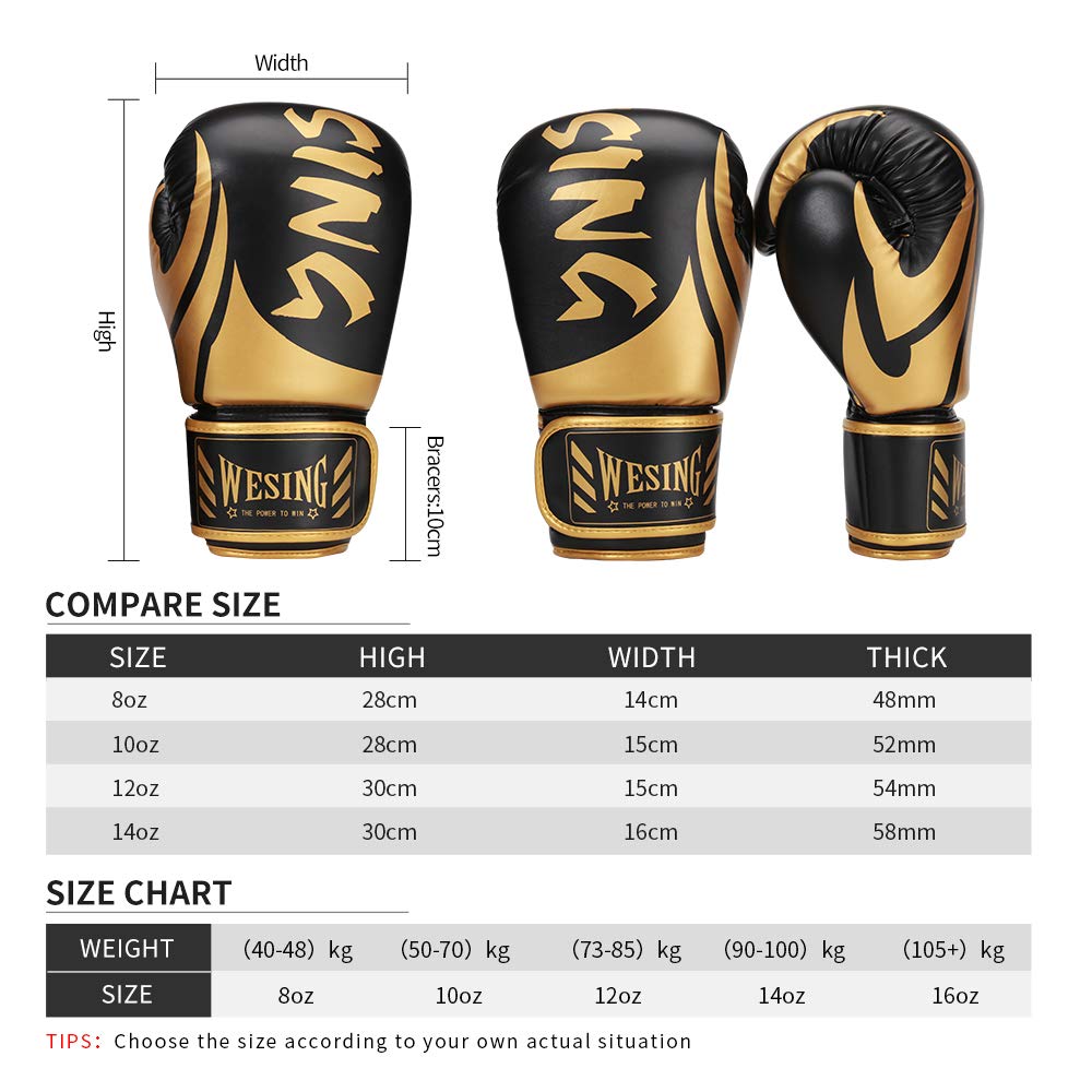 WESING Boxing Gloves for Men 14 Oz MMA Training Sparring Gloves 16 Oz Punch Mitts (Black, 12 Oz)