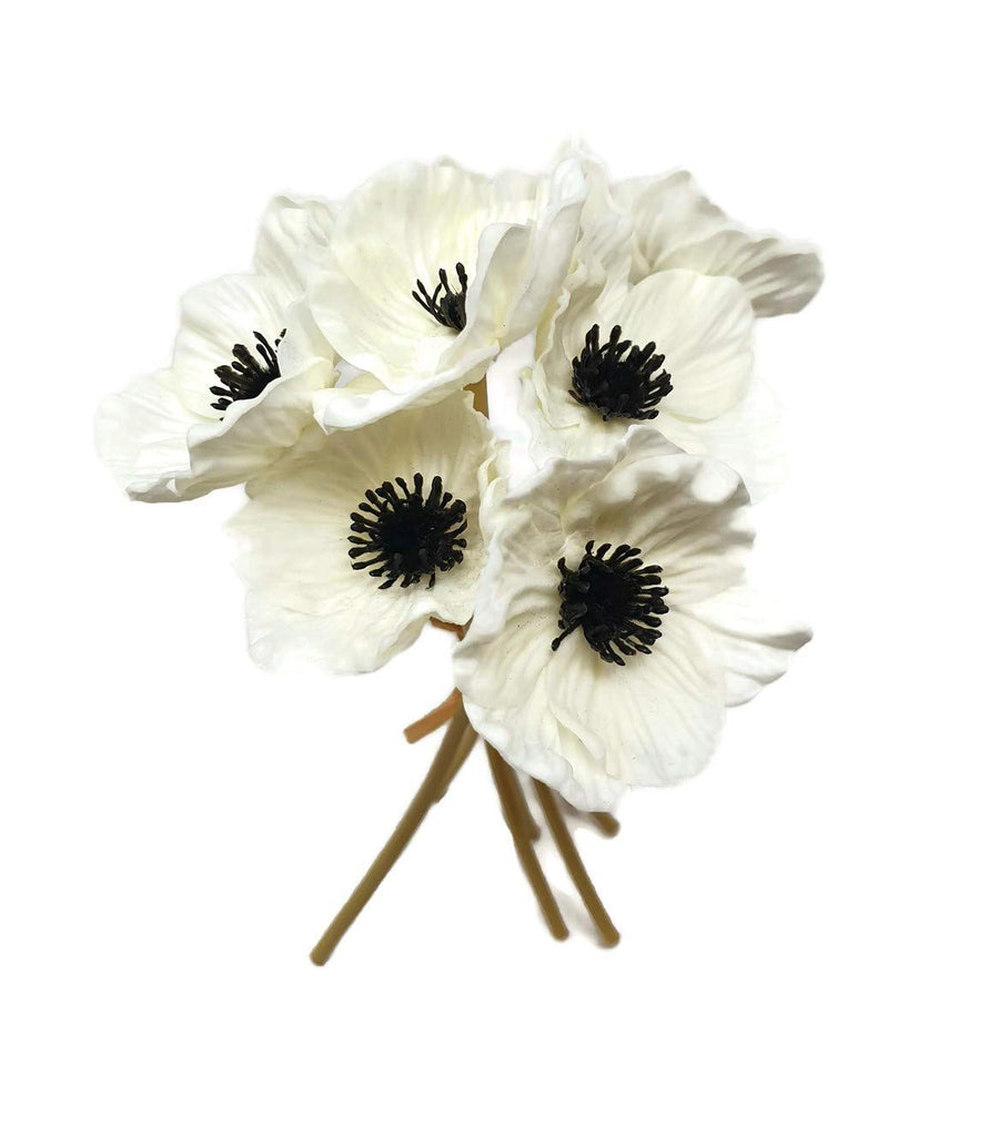 10 inch Real Touch Anemone Poppy Bouquet for Artificial Flower Decor (Pack of 7) (White)