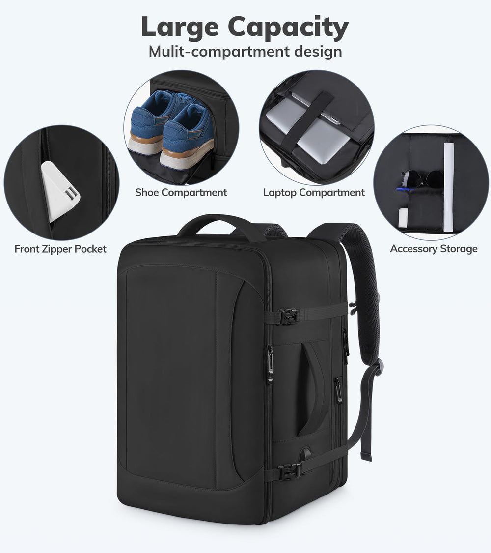 Travel Backpack, Extra Large Backpack, Carry On Backpack, 45L Expandable Airline Approved Water Resistant Suitcase Luggage Big Bag with USB Port Fits 17 Inch Laptops, Travel Gifts for Men, Black