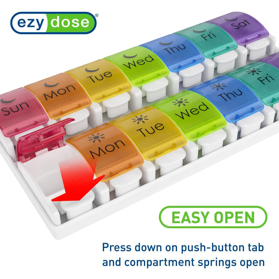 Ezy Dose Push Button (7-Day) Pill, Medicine, Vitamin Organizer Box | Weekly, 2 Times a Day, AM PM | Extra Large Compartments | Rainbow Lids | FDA Registered