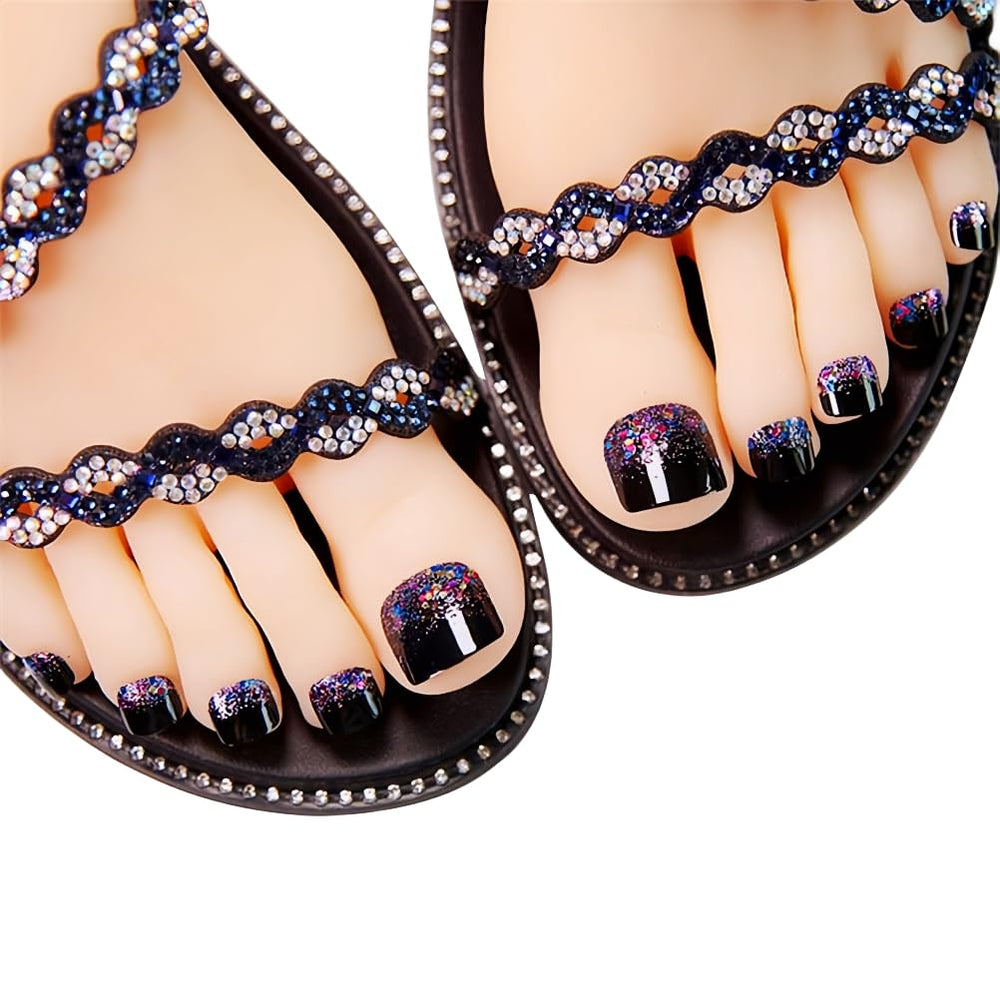 Blue: 24Pcs False Toe Nail for Women and Girls Glitter Decorated Full Cover Press On Fake Toenails with Glue