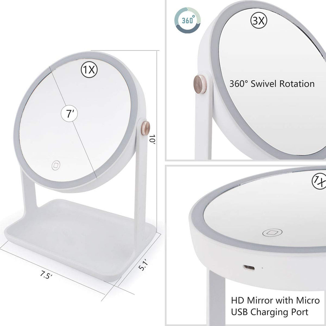 Yuthism Magnified Lighted Makeup Mirror with 1X/3X/10X Magnification- 7 Double Sided Vanity Mirror with Lights, Touch Sensor, Dimmable, Rechargeable & Cordless- Countertop Makeup Mirror with Lights