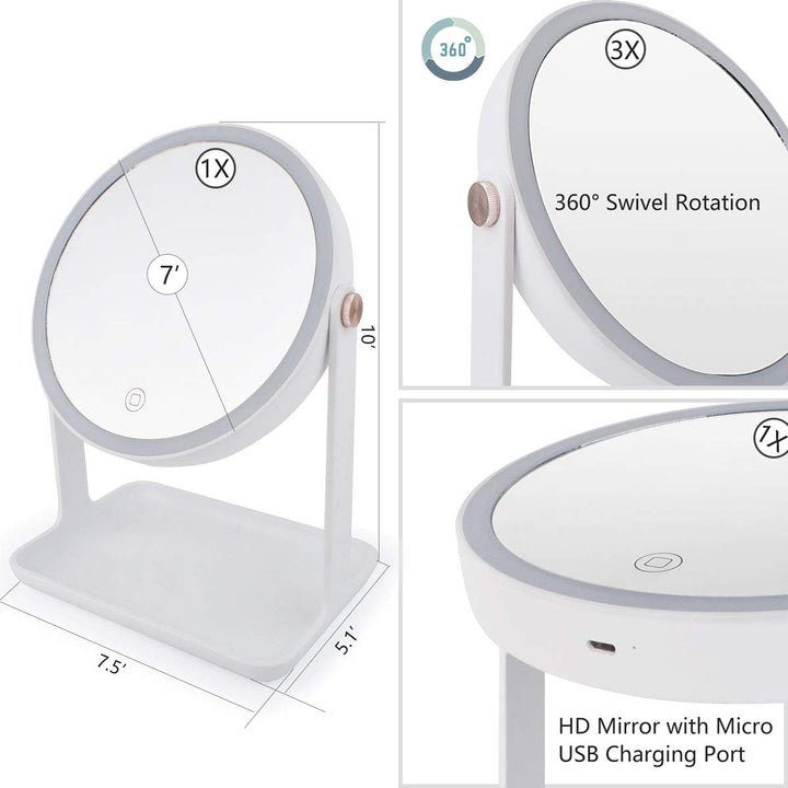 Yuthism Magnified Lighted Makeup Mirror with 1X/3X/10X Magnification- 7 Double Sided Vanity Mirror with Lights, Touch Sensor, Dimmable, Rechargeable & Cordless- Countertop Makeup Mirror with Lights
