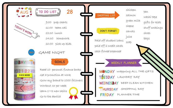 Bujo Week Month Date Day Banner Number Planner Box washi Tape Set of 5 Rolls - Decorative DIY Japanese Masking Scrapbook Notebook Planner | Length : 10m (10.93 yards