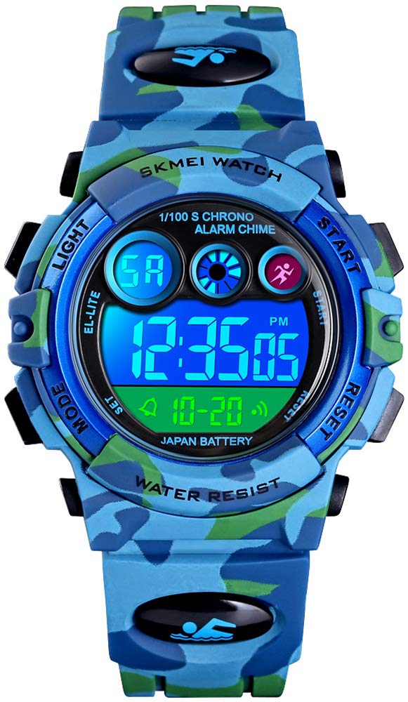 Men's Military Sports Electronic Watch Outdoor Mountaineering Multi Function Watch Waterproof Army Tactics Chronograph Large Dial Student Sport Watch LED Fashion Watch (X Blue Camouflage)