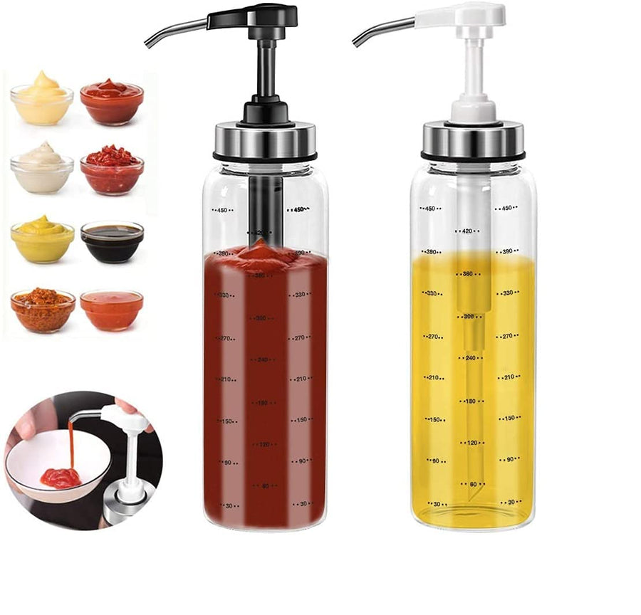 Sauce Squeeze Bottle, No Drip,Lead-Free Glass Bottles,17 Ounce Big Olive Oil Dispenser Bottle Set, Ketchup Salad Dressing Honey Oil Presser,Sticky Sauce Squeeze Bottle for Kitchen and BBQ(2 Pack)