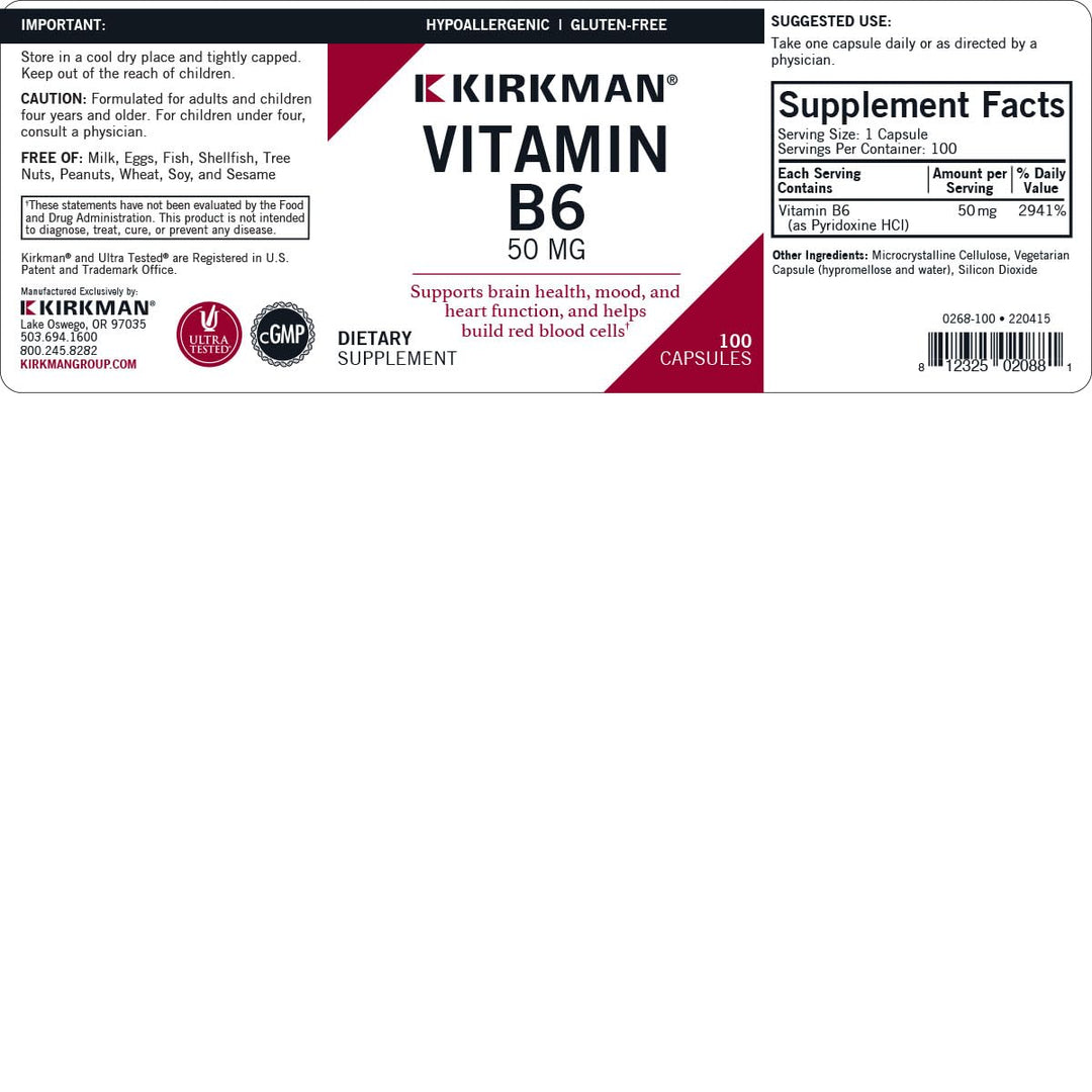 Kirkman Vitamin B-6 50 mg - Hypoallergenic - 100 Vegeta