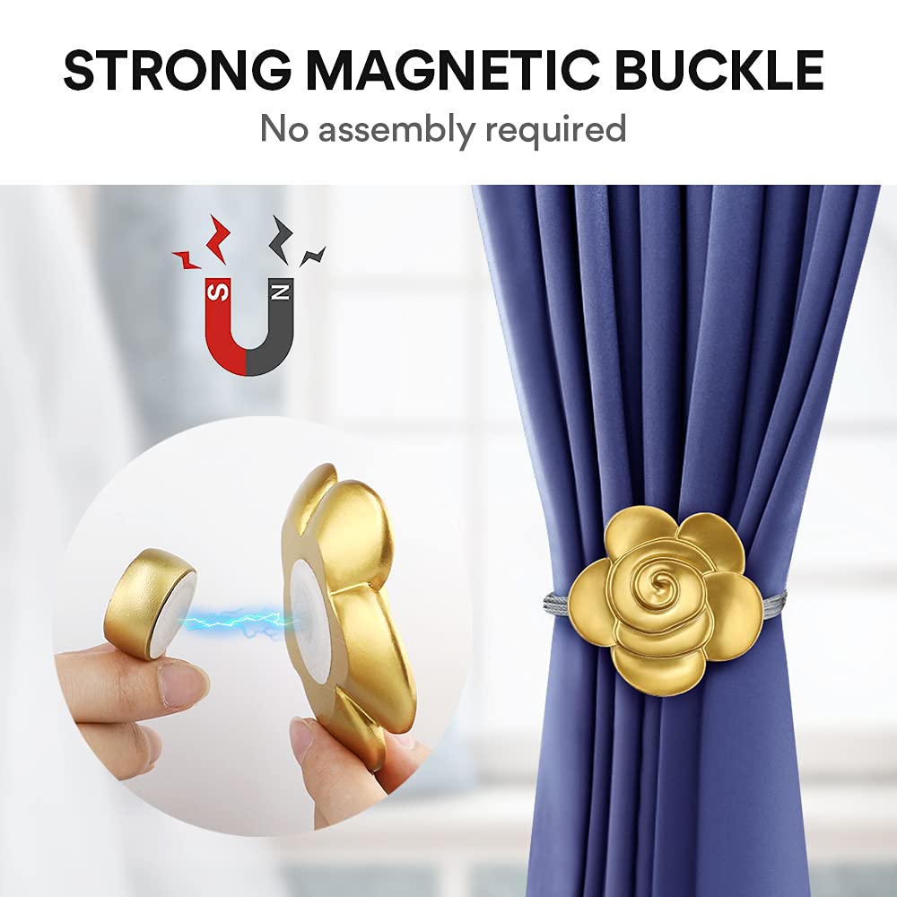 Magnetic Curtain Tiebacks, Resin Flower Curtain Ties, Vintage Curtain Drapery Holdbacks, Magnetic Window Drapery Decorative Holders with Rope for Outdoor, Home, and Office(4 Pack, Gold)